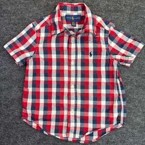 Ralph Lauren Button Down Shirt Toddler 3T Red Blue Plaid Short Sleeve Cotton